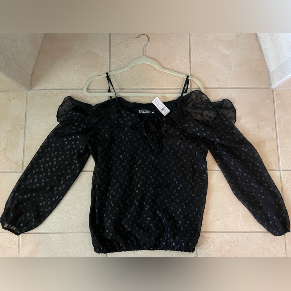 NWT New York & Company Black Blouse with Spaghetti Straps & Sheer Sleeves